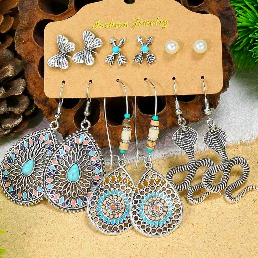 New 6 Pair Silver Turquoise Boho Patina Antique Snake Mandala Dangle Earrings